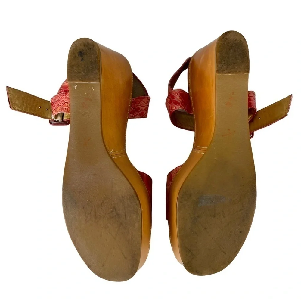 ROBERT CLERGERIE CORAL RED CROCODILE STAMPED PLATFORM WEDGE SANDALS